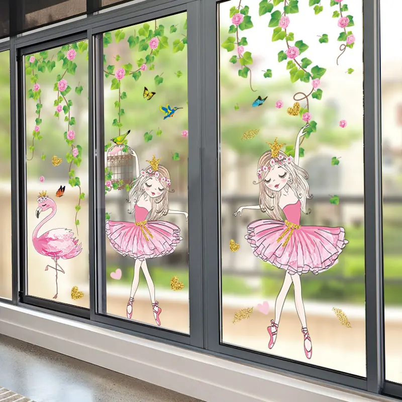 Cartoon Girl Flamingo Wall Stickers DIY Flowers Vines Wall Decals for Kids Rooms Baby Bedroom Children Nursery Home Decoration