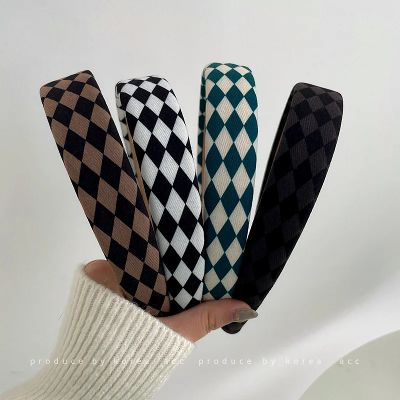 

South Korea's New Diamond Checkerboard Pattern Hair Band, Forest Series, Niche, Versatile, Retro Handmade Headband, Wide Brimmed