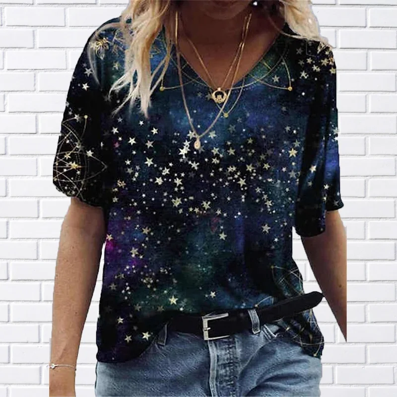 

Summer 2022 Women's T-Shirt Galaxy V-Neck Basic Top Blue / 3D Printing Short Sleeve T-Shirt Ladies Casual Fashion Pullover Top