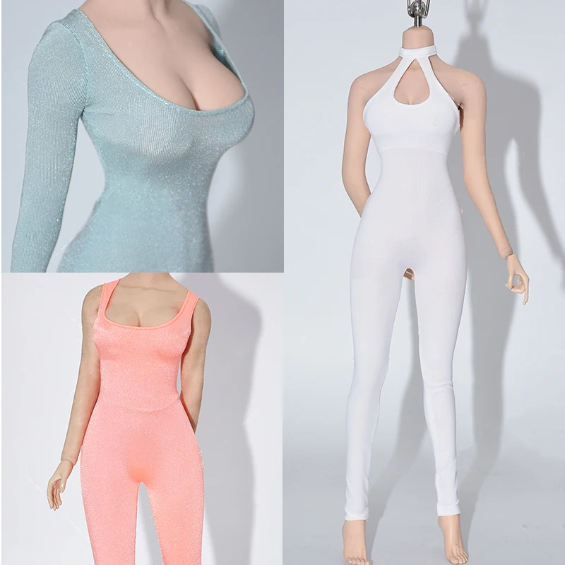 

1/6 Scale Female Soldier Sexy Low Cut Tights Stretch Ice Silk Long Sleeves Jumpsuit Clothing Model for 12'' Action Figure Body