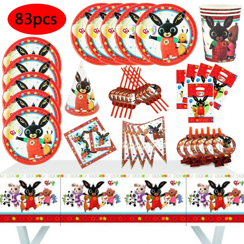 

83pcs Rabbit Bing Party Supplies Red Disposable Cups Plates Hats Tablecloth Gift bags Kids Girls Party Birthday Decorations Set
