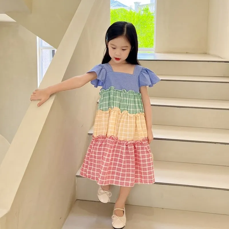 

Одежда для маленьких девочек, летние детские платья, разноцветное лоскутное свободное платье для девочек с коротким рукавом