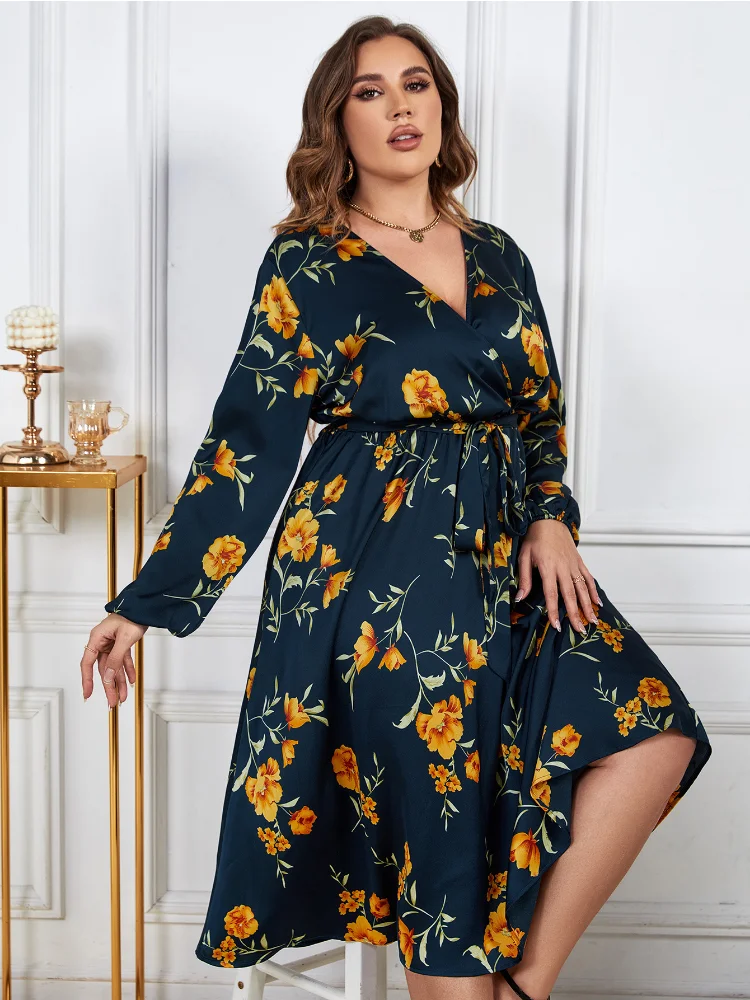 Printed loose temperament slim V-neck high waist long sleeve dress plus size women clothing party dresses