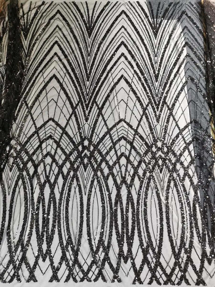 

5Yards Black Color Beadings Tulle Lace Fabric Tube Glass Beads Sequins Beaded Lace Luxury Lady Party Dress