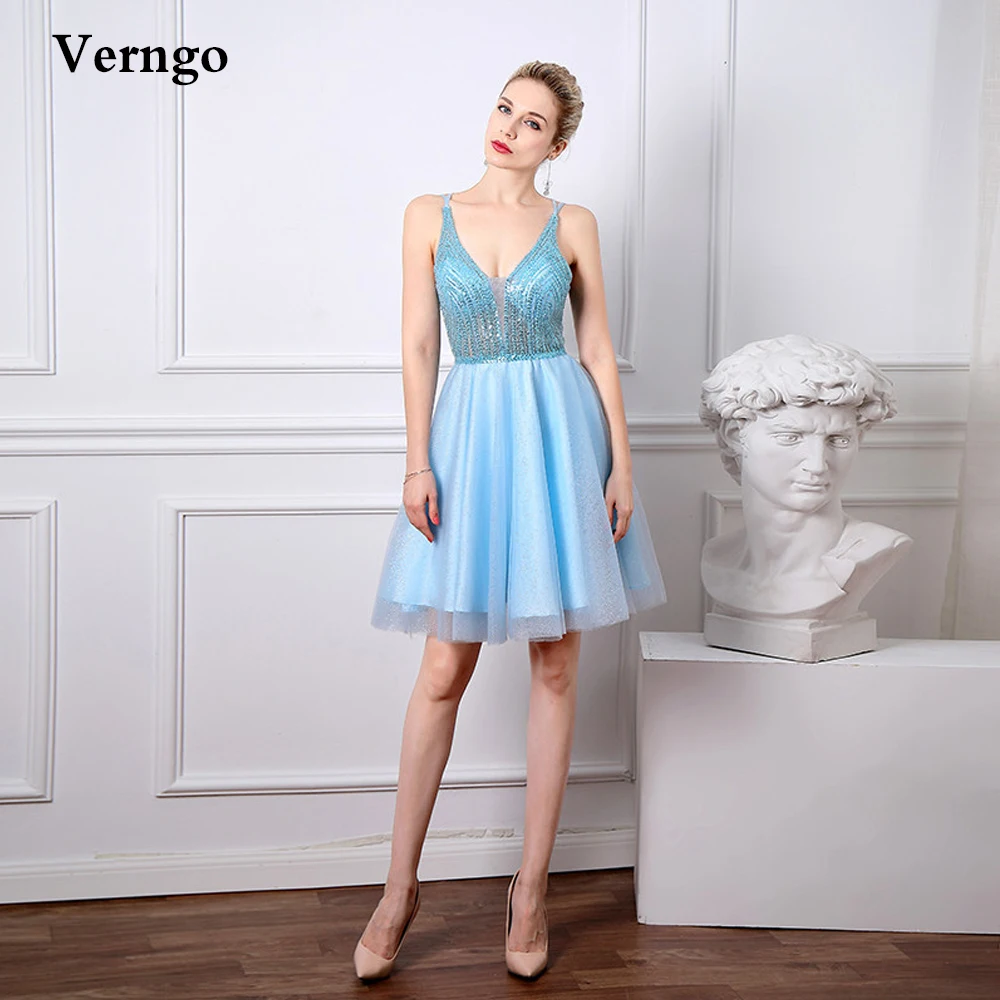 

Verngo Light Blue Short Prom Dresses V Neck Criss Cross Straps Back Sparkly Sequin Tulle Cocktail Party Dress 100% Real Image