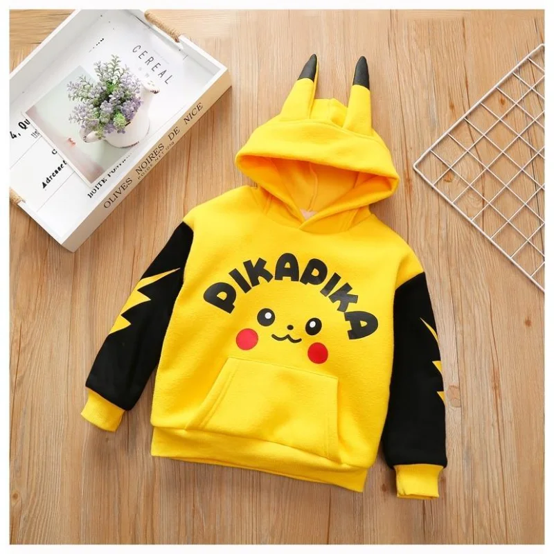 

2023 New Pokemon Anime Figure Pikachu Hooded Sweatshirt for Kids Fleece-Lined Thickened Hoodies Autumn and Winter Cute Warm Top