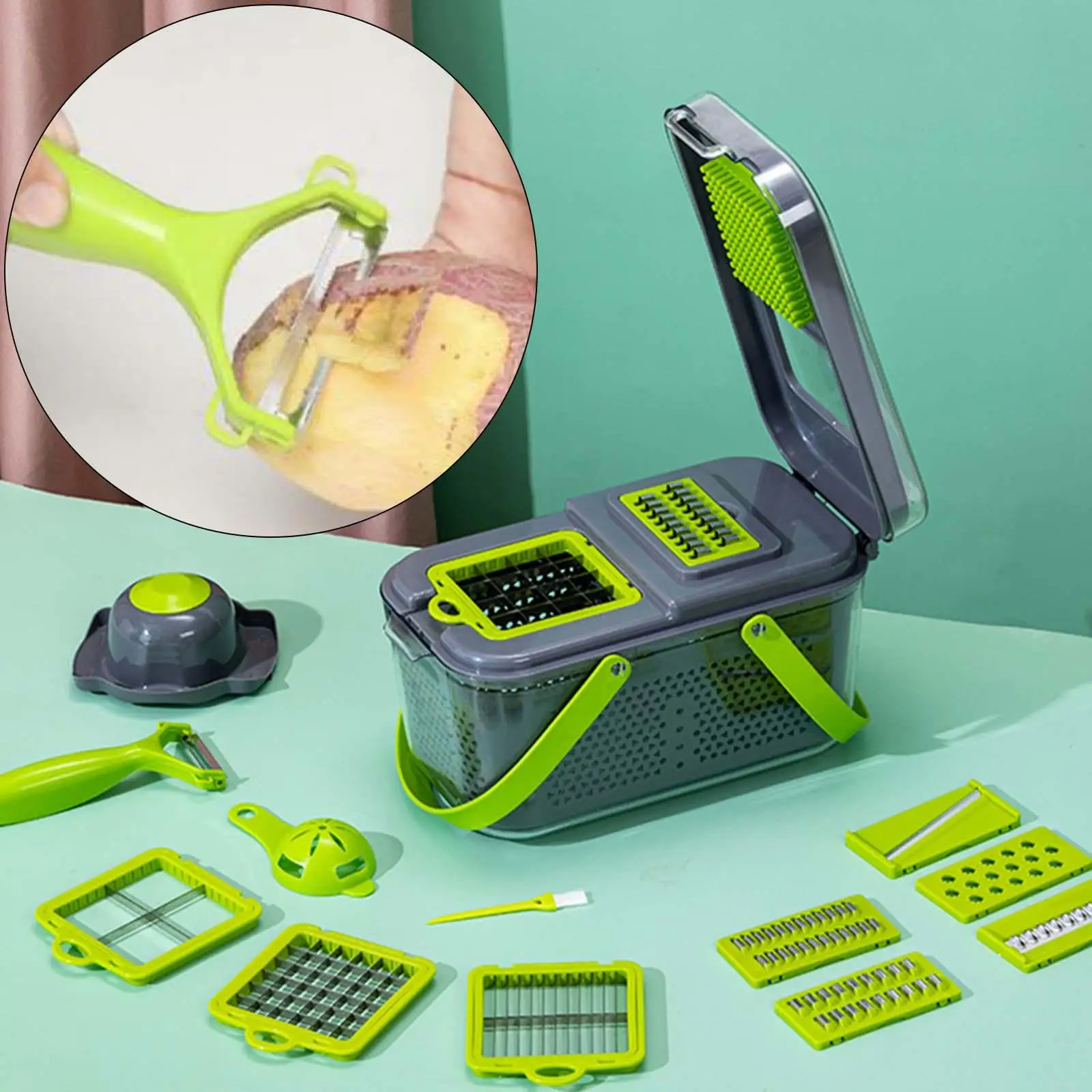 

Vegetable Chopper Cutter Colander Basket with 13 Blades French Fry Cutter Tool Food Dicer Slicer for Cucumber Garlic Potato Home