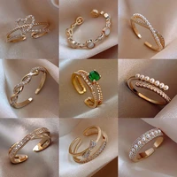 luxury gold color pearl zircon rings for woman copper vintage sexy open ring party joint ring fashion elegant jewelry gifts