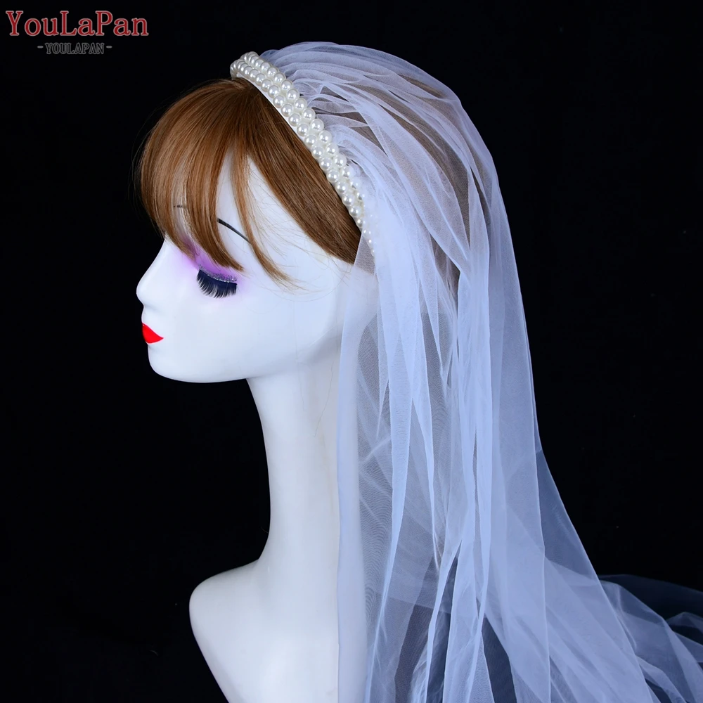 

YouLaPan Wedding Veils for Brides Pearls Head Hoop Waltz Length Bridal Veil with Pearls Headband 1 Tier Church Accessories V58