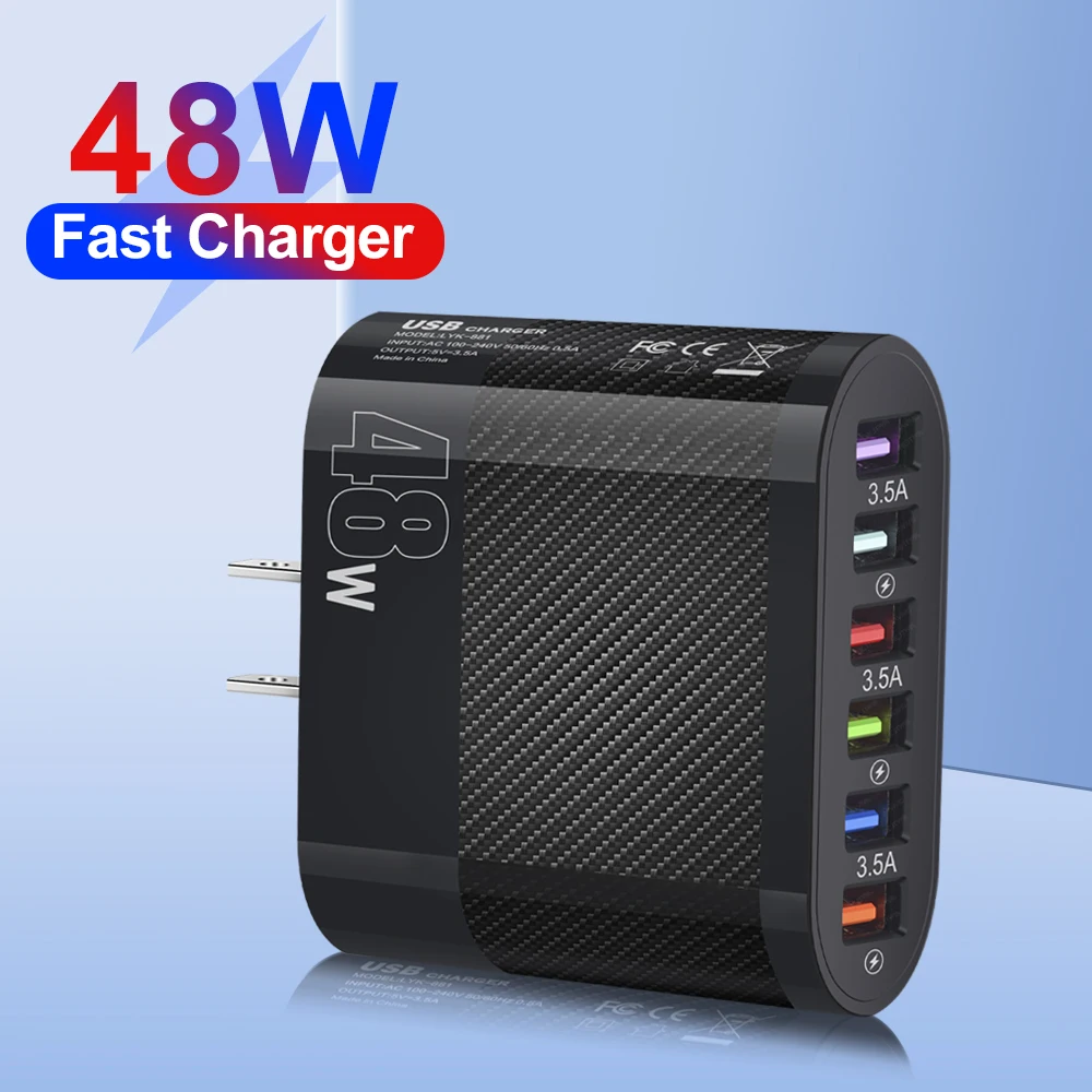 

48W 6 Ports Portable Charge USB Charge Adapter For iPhone 11 12 13 14 Pro Max XS XR Xiaomi EU/US/UK 3.5A Power Charger Plug