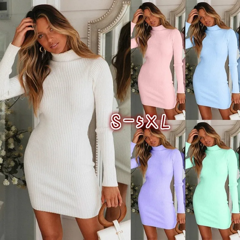 

2023 Autumn and Winter High Neck Knitted Fashion Women's New Slim Slim Dress Temperament Package Hip Skirt