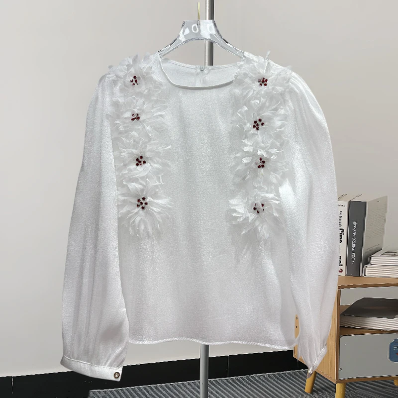 KBQ однотонные шикарные рубашки с аппликацией для женщин круглым вырезом в стиле