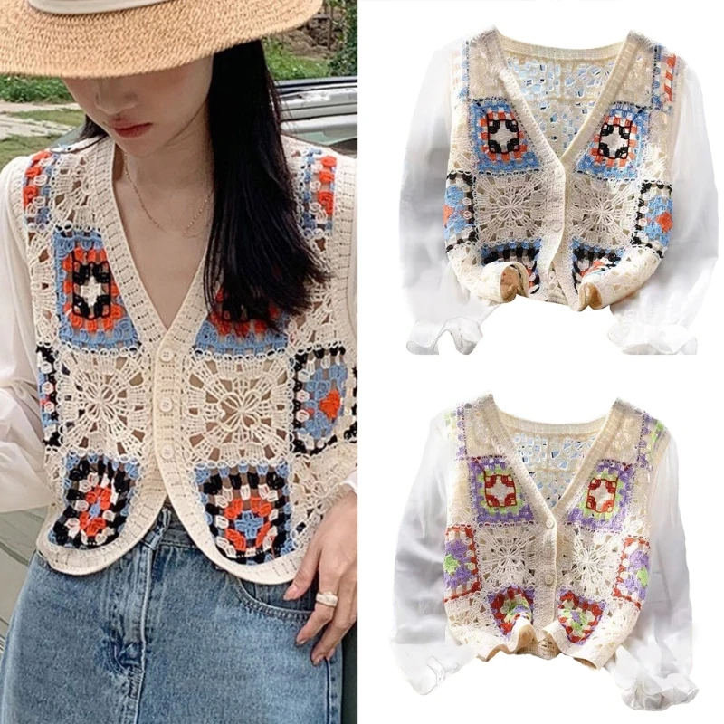 

Women Vintage Crochet Crop Top Cardigans Sexy V-Neck Blouse Tops Knitted T-shirt
