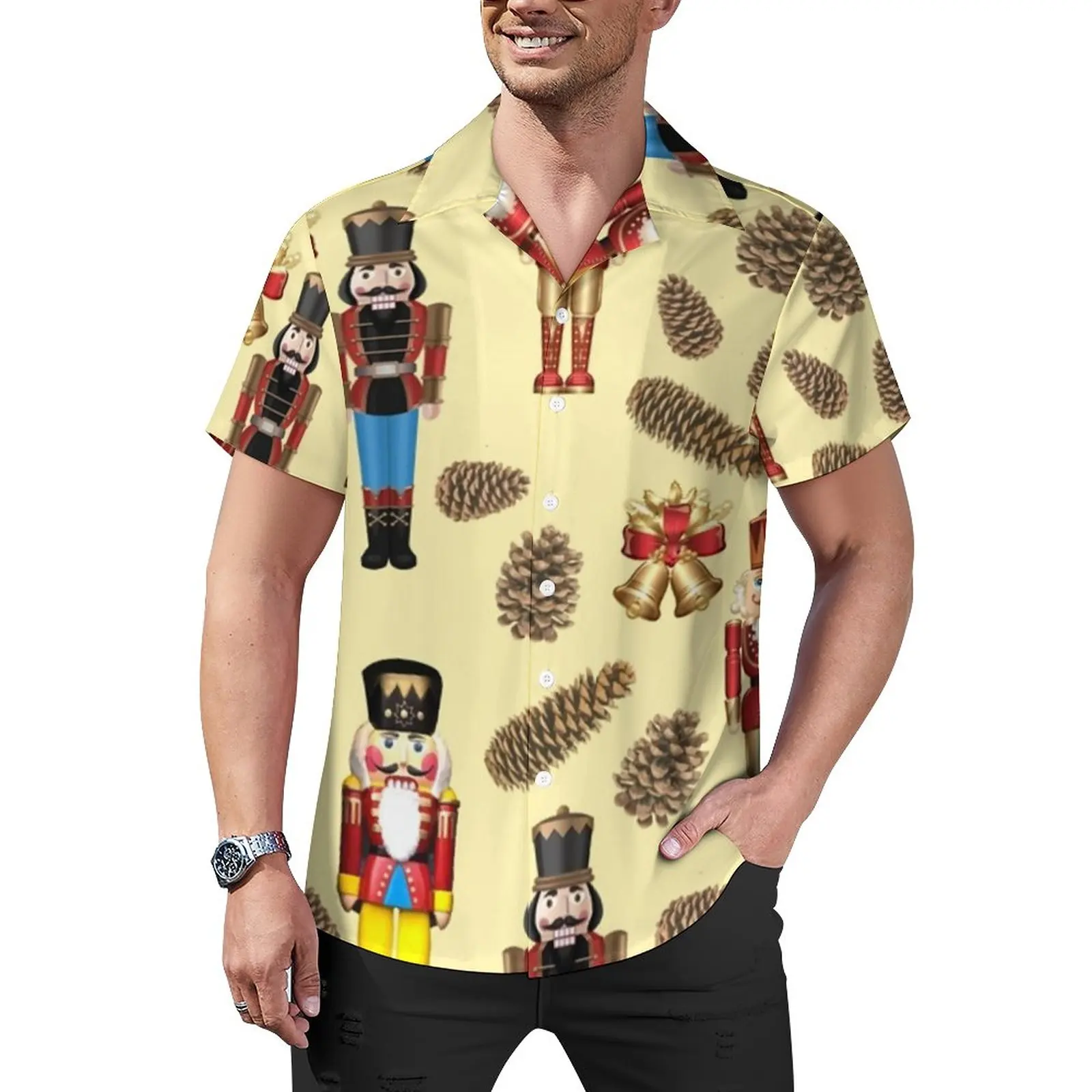 

Nutcracker Loose Shirt Man Beach Pine Cone Design Casual Shirts Hawaii Design Short-Sleeved Streetwear Oversized Blouses