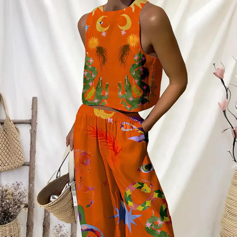 

Casual Sleeveless Women Outfit Summer Chic 2-piece Women's Sleeveless Vest Wide Leg Pants Set with Elastic Waistband Fashionable