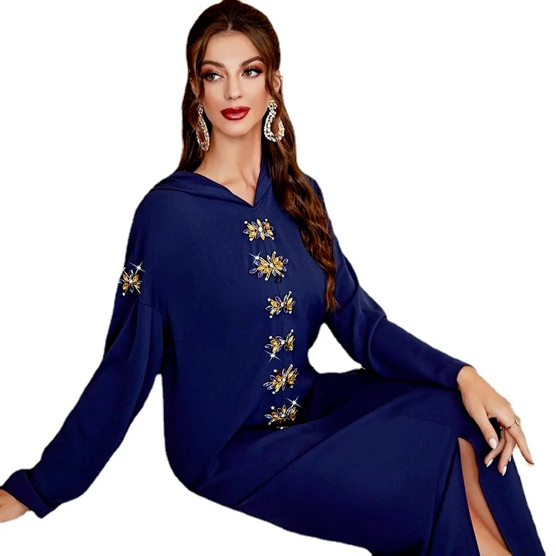 

Ramadan 2022 Women Maxi Dress Vintage Hoodies Casual Solid Long Sleeve Diamonds Hooded Party Dress Long Vestido Robe