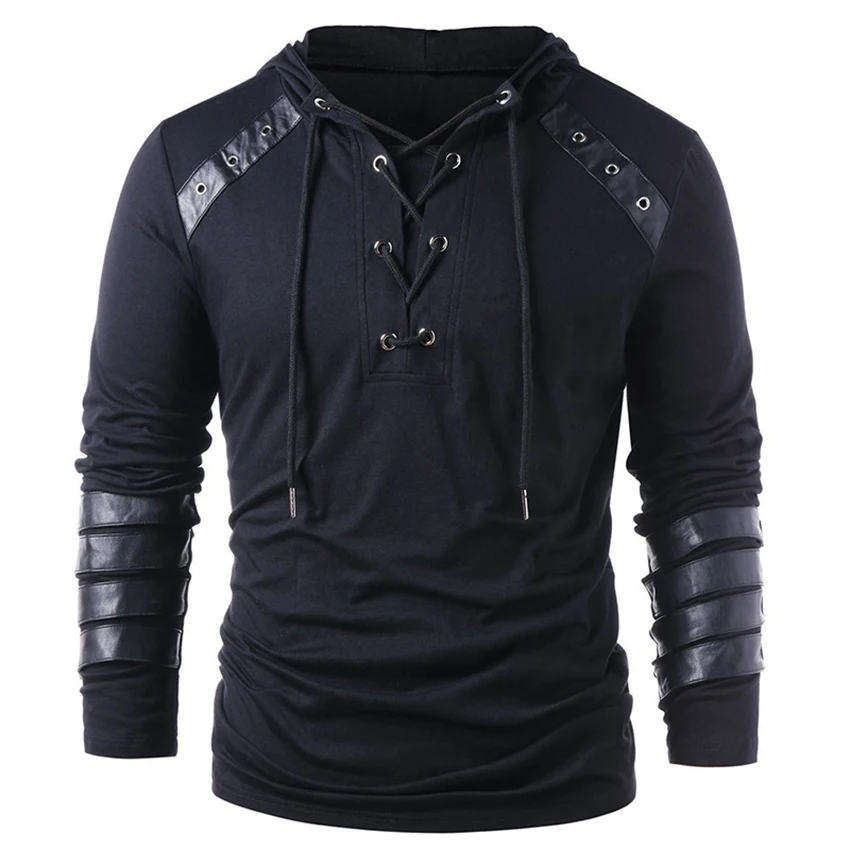 

Men Hoodie Punk Pu Leather Long Sleeve Lace Up Black Blue Streetwear Gothic Casual Hooded Sweatshirt Spring Tops Clothing