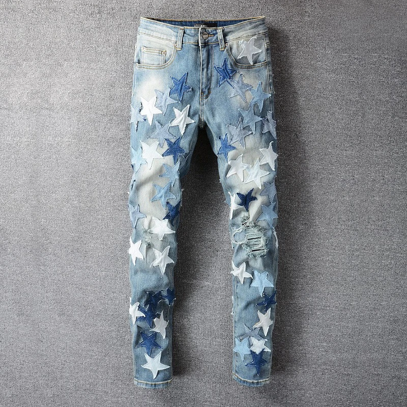 

America High Street Fashion Men Graphic Jeans Blue Star Hole Stacked Jean Star Stitching Feet Motorcycle Pant Patchwork Jean Men