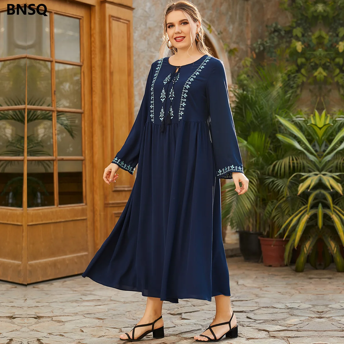 

Embroidery Indie Folk Dress Navy Casual Ramadan Abaya Dubai Arabic Muslim Saudi Women Robe Eid Prayer Clothes Turkish Kaftan