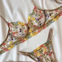 new fashion embroidery decor color suspender gathered underwear split suit bra set lingerie femme sets panties