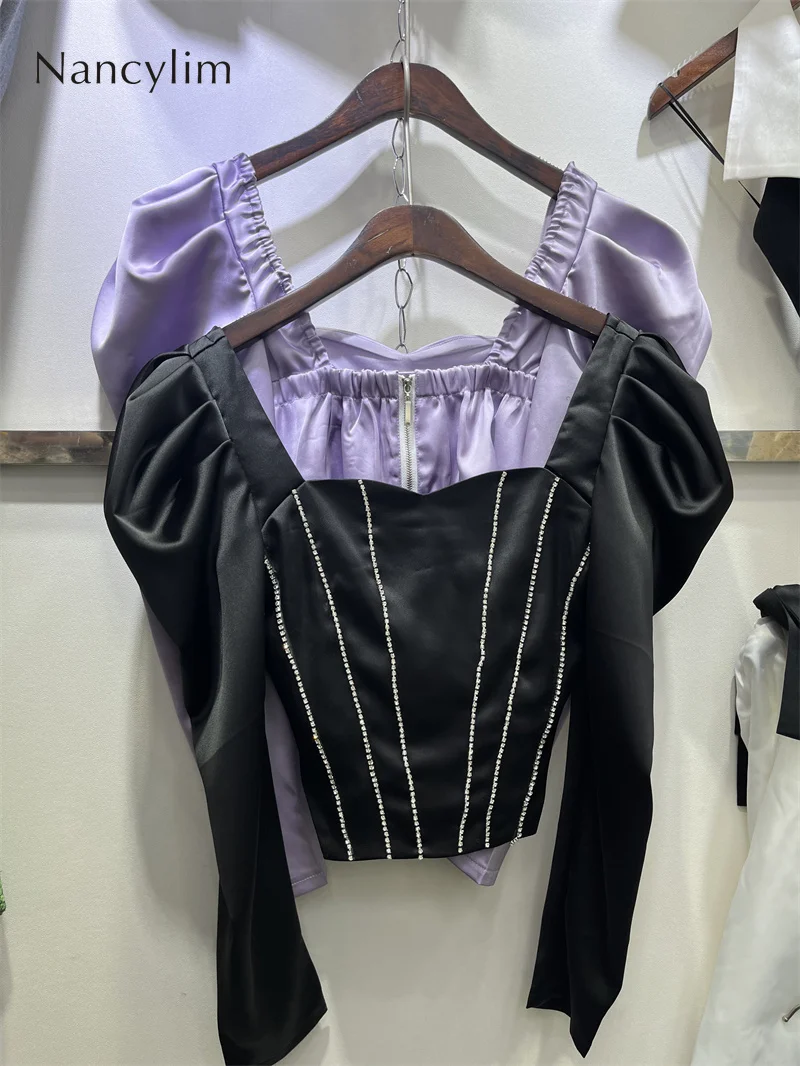 

Purple Satin Shirt for Women 2022 Spring New Sexy Square Collar Slimming High Waist Puff Sleeve Diamond-Embedded Crop Top Blouse