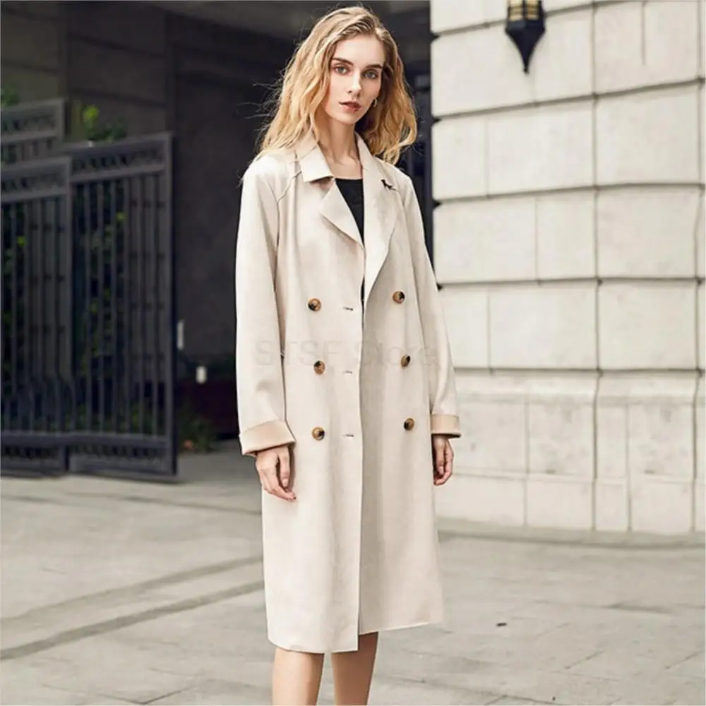 Women Fashion Designer Real Suede double-breasted Coat Long With Belted Pure Color Windbreaker Leisure Lapel Loose Jacket