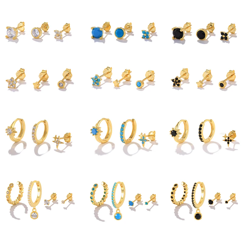 

MC 3pcs/Set 925 Sterling Silver White Black Zircon Turquoise Stud Earring For Women Pendientes Plata Earrings Jewelry Brincos cz