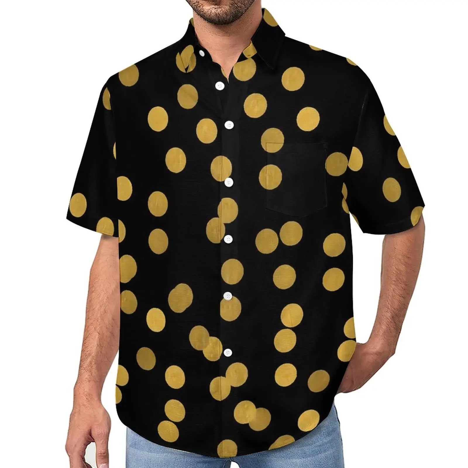 

Gold Dot Casual Shirt Retro Polka Dots Beach Loose Shirt Summer Retro Blouses Short Sleeve Graphic Oversized Clothing