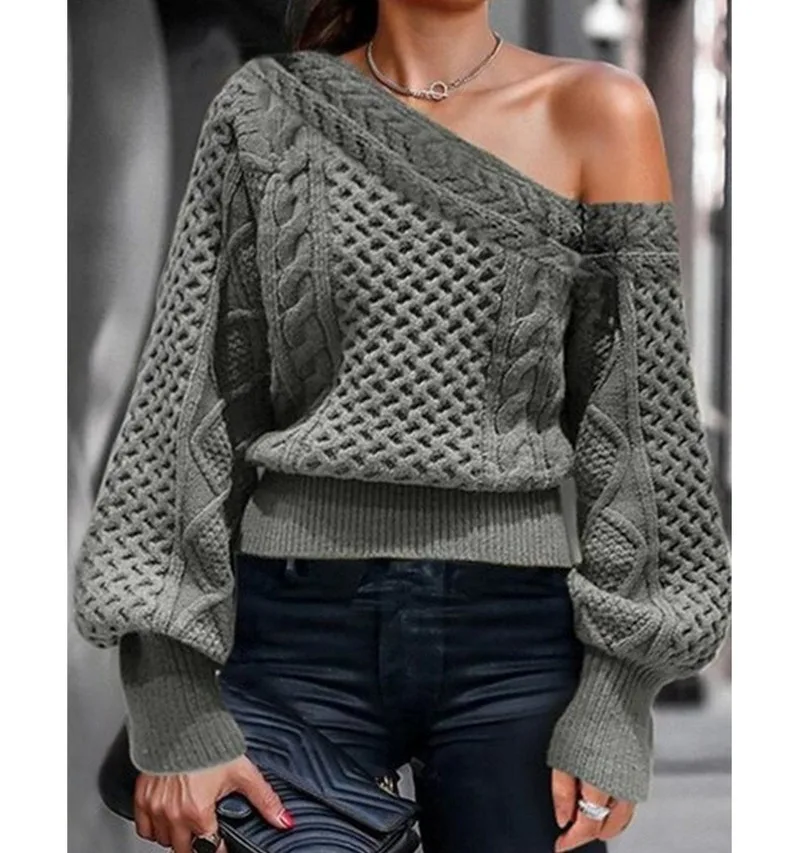 

Autumn and Winter Sweater Women's Long Sleeve One-neck Knit Off Shoulder Long Lantern Sleeve Loose Soft Pullover Sweater