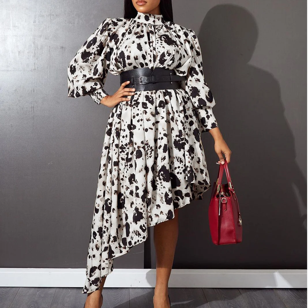 

Women Fashion Ins Style Elegant Loose Print Irregular Dress With Belt Autumn Fall Long Sleeve Office Lady Asymmtrical Midi Dress