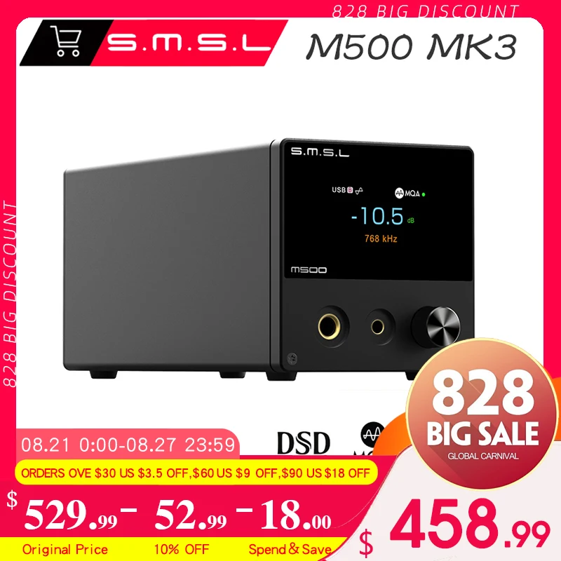 

SMSL M500 MK3 MQA Decoder ES9038Pro XU216 DSD512 32Bit/768kHz Bluetooth Audio DAC &Headphone Amplifier with Remote Control 3.5mm