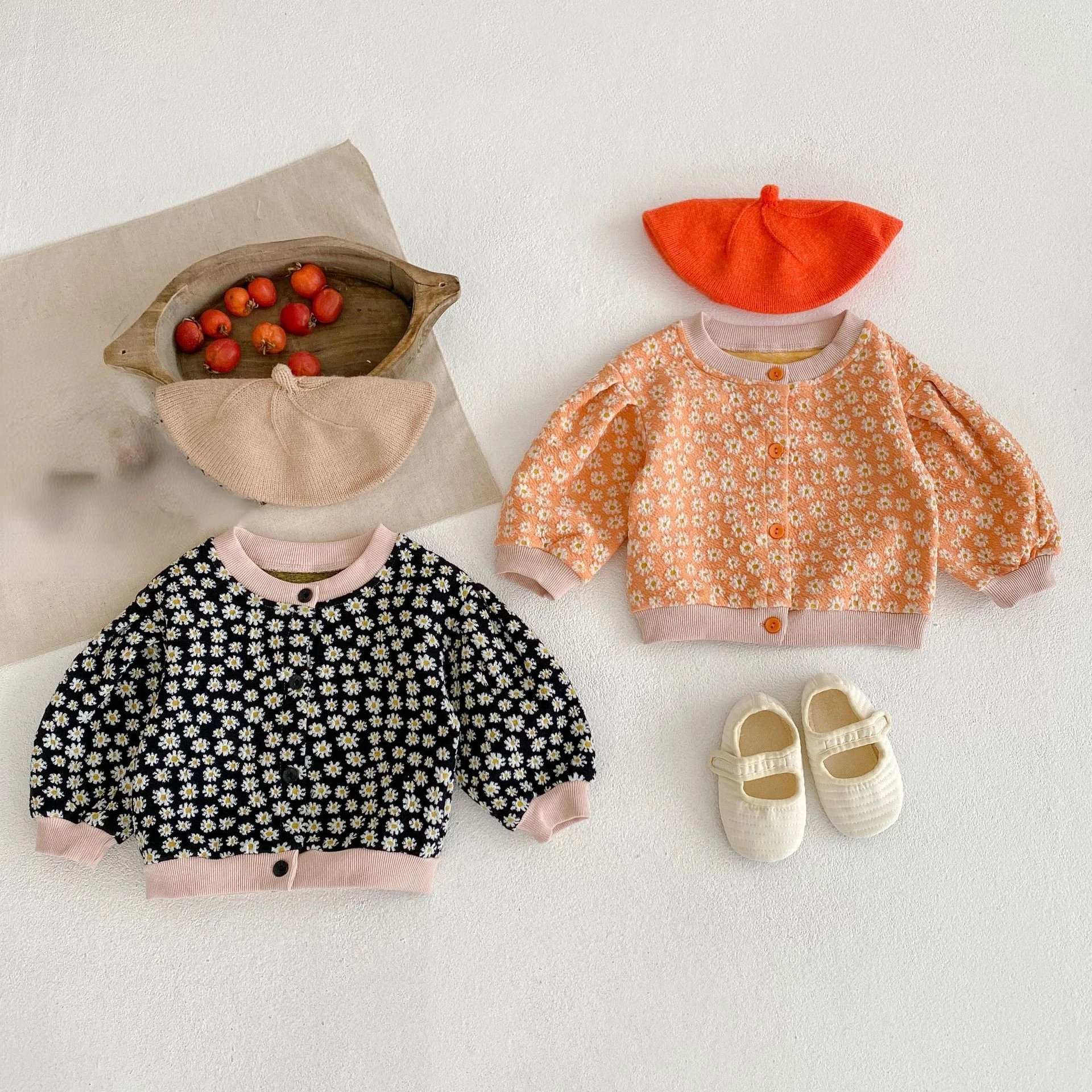 

2022 New Autumn Keep Warm Newborn Clothes Infant Girls Fashion Floral Puff Sleeve O-neck Cardigan Jacket Coat