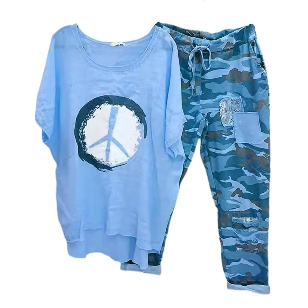 

1 Set Popular T-shirt Trouser Set Summer T-shirt Pants Camo Print Crew Neck Asymmetrical Top Pants Irregular Hem