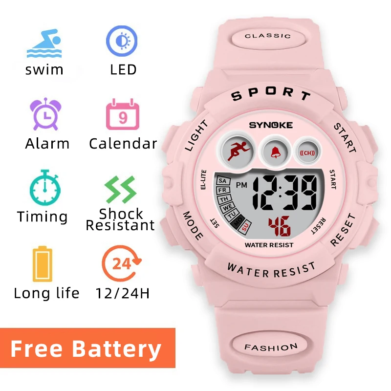 

SYNOKE Brand Kids Luminous Watches LED Colorful Flash Digital Waterproof Alarm for Boys Girls Date Week Children's Clock 9802