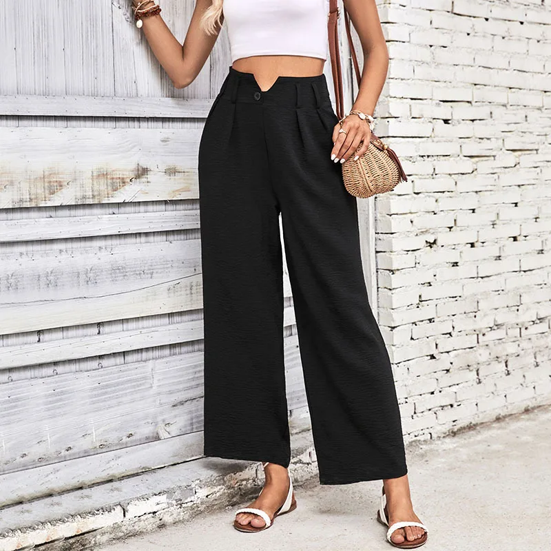 2023 New Spring and Summer Long Trousers Tie-up Commuter Style Black High Waist Wide-leg Trousers Women