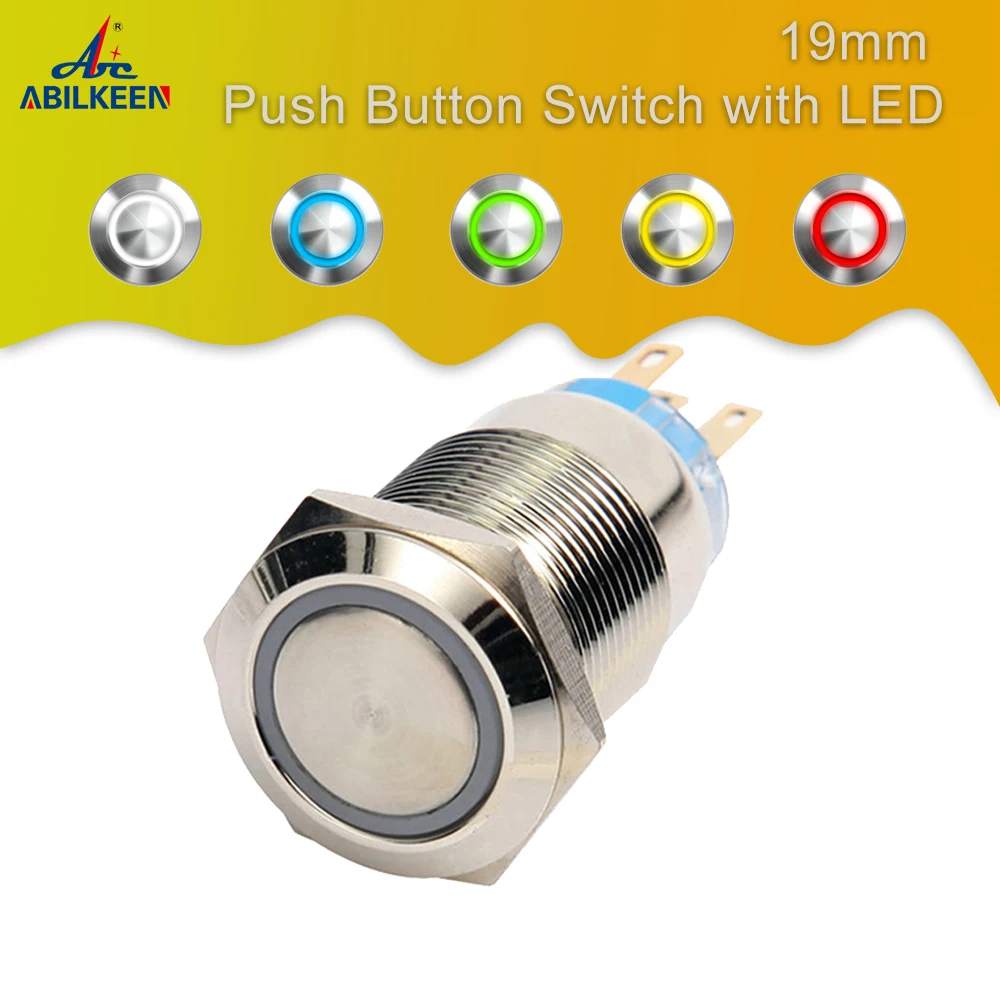 

100pcs 19mm Waterproof metal push button switch of Circuit control 1NO1NC Self-locking self-reset switch with LED Blue Light 12v