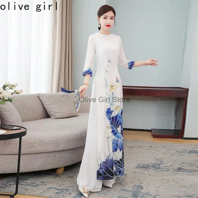 Женская одежда Aodai Vetnam длинное платье Cheongsam традиционное вьетнамское комплект из