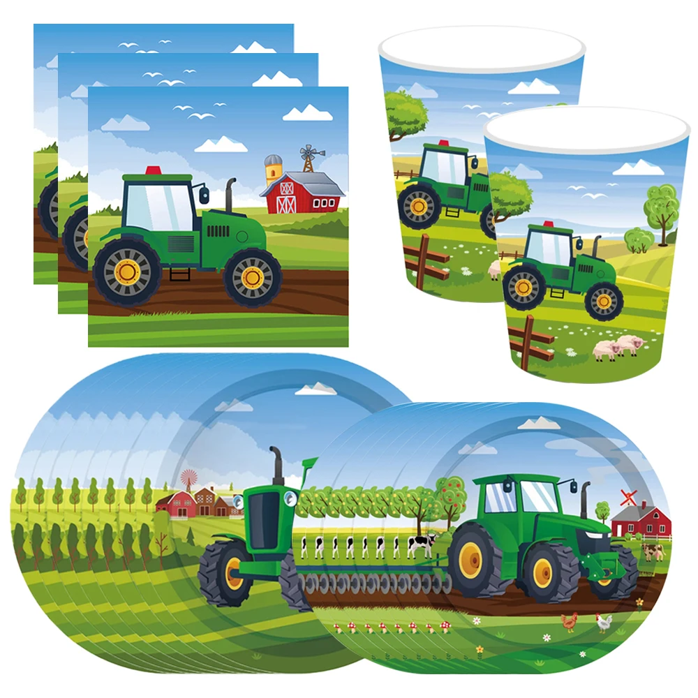 

Green Tractor Birthday party disposable cutlery plates cup tablecloth balloons Decorate party supplies