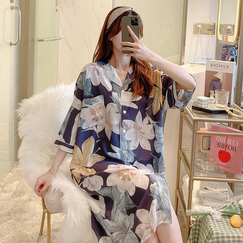 Night Dress Women Sexy Sleepwear Cotton Silk Nightgown Cardigan Button