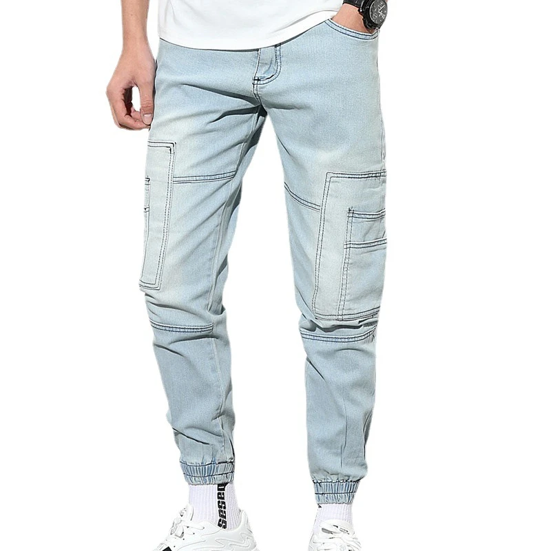 2022 spring and autumn new men's solid color sports pants fashion men's patch pocket casual slim jeans trousers men