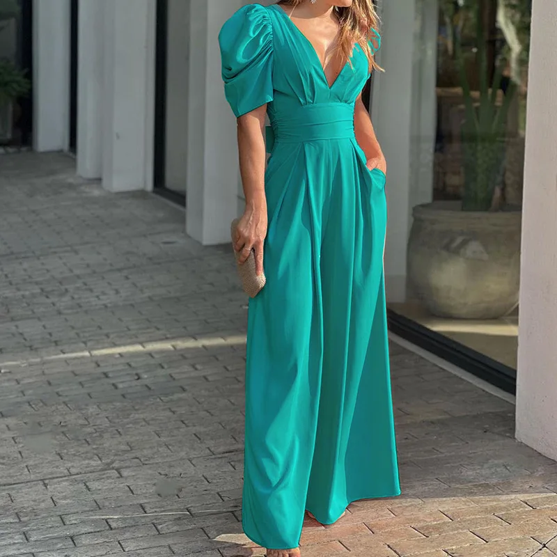 S-3XL Fashion And Elegant Large Wide Leg Pants 2023 Spring/summer V-neck Sexy European And American Short Sleeve Jumpsuit