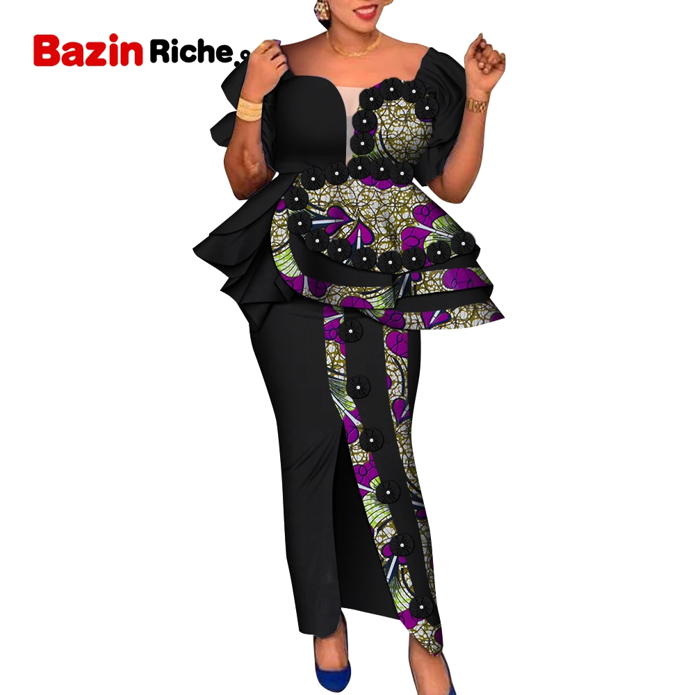 

African Clothes For Women Dashiki Dresses Suit Top And Skirt Elegant Lady Party Petal Sleeve Appliques Set Plus Size WY9250