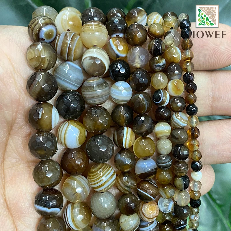 

Natural Faceted Coffee Striated Agates Onyx Beads Smooth Round Loose Beads DIY Accessories Bracelet Earrings 15'' 4/6/8/10/12mm