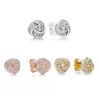 authentic 925 sterling silver sparkling rose love knot with crystal stud earrings for women wedding gift fashion jewelry