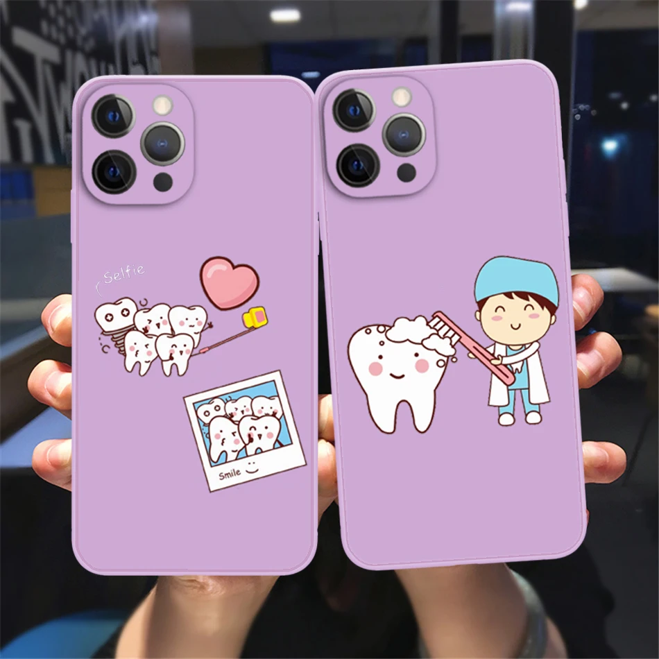 

NEW Cute Catoon Tooth Dentist Phone Case For iPhone 13 12 11 14 Pro Max XS Max XR X 8 7 Plus purple Soft Silicone Bumper case