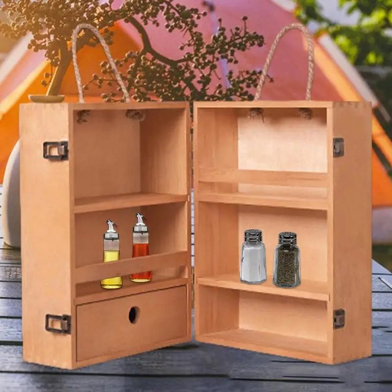 

Nature Hike Outdoor Seasoning Cabinet Camping Cooking Supplies Picnic Wood Spice Storage Basket Condiments BBQ Seasoning Box