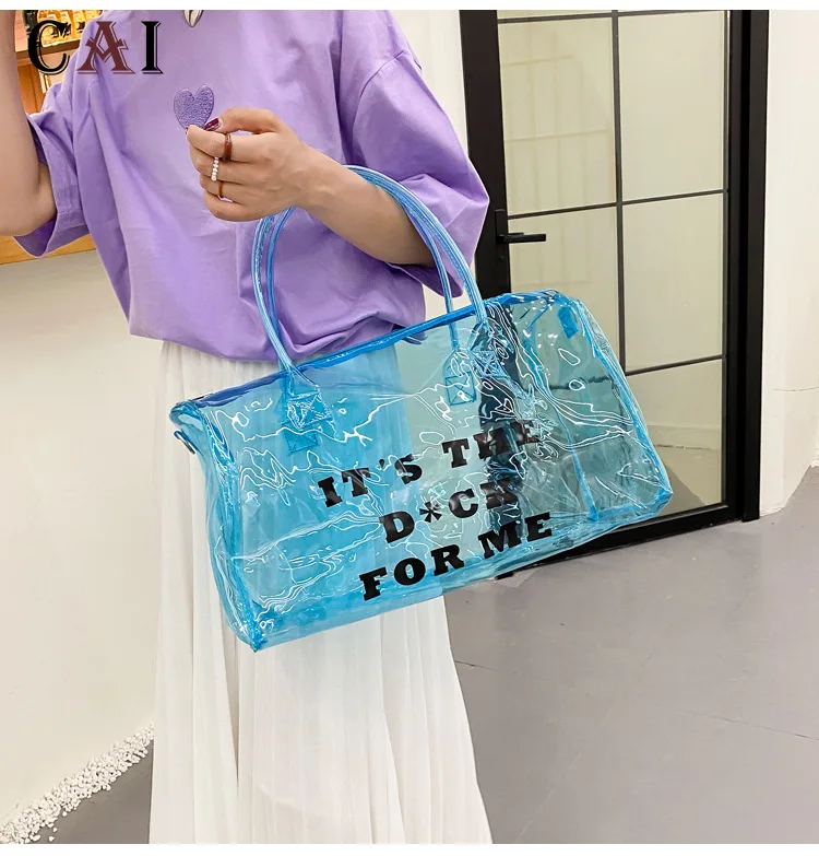 CAI Woman Fashion Jelly Transparent Plastic Dustproof Travel Bag Shoulder Portable Bags Letter Print Messenger Bag Zip Handbags