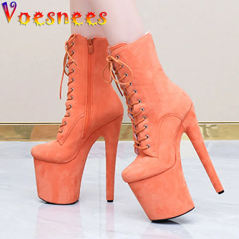 

Voesnees Extreme High Heels 8 Inches Pole Dance Ankle Boots Lace-Up Flannel Stiletto Pumps Model Fashion Show Shoes Women New