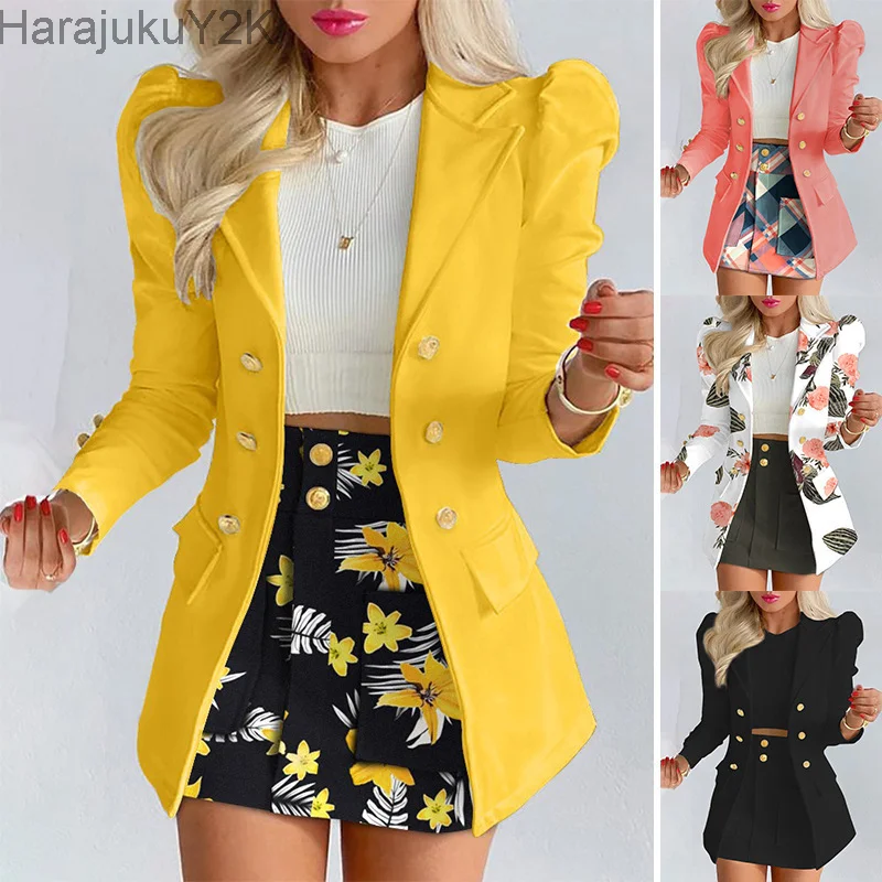 New Spring and Autumn Leisure Fashion Suit Women's Double-breasted Long Sleeve Skirt Suit 2-piece Office Women Dress Skirt Set