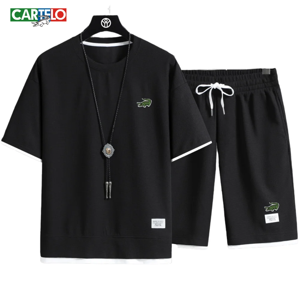CARTELO Summer Men's Short Sleeve Set Mens T-shirt+Shorts Fashion Breathable Male Clothing Two Piece Set Student Style
